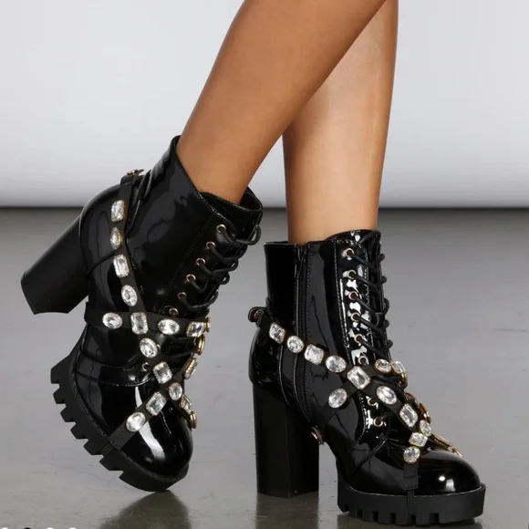 Wild Diva Black Patent Leather Gemstone Boots - Picture 16 of 16